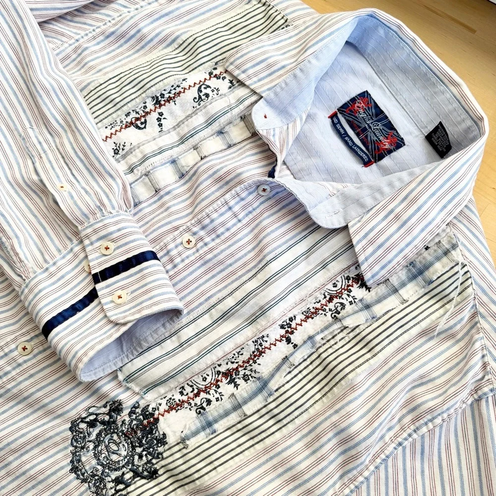 English Laundry 2X Women Shirt Pinstripe Patchwork Grandmacore Embroidered Boho